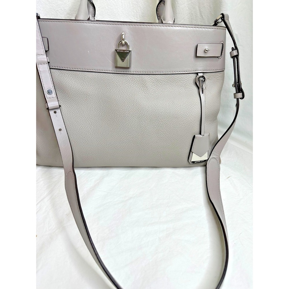 Michael Kors Gramercy Pearl Grey Leather Large Satchel Multipocket Purse - Picture 4 of 16
